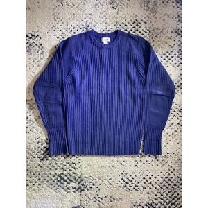 LL Bean Sweater Mens Large Blue Merino Lambswool Cotton Trim Crewneck Knit